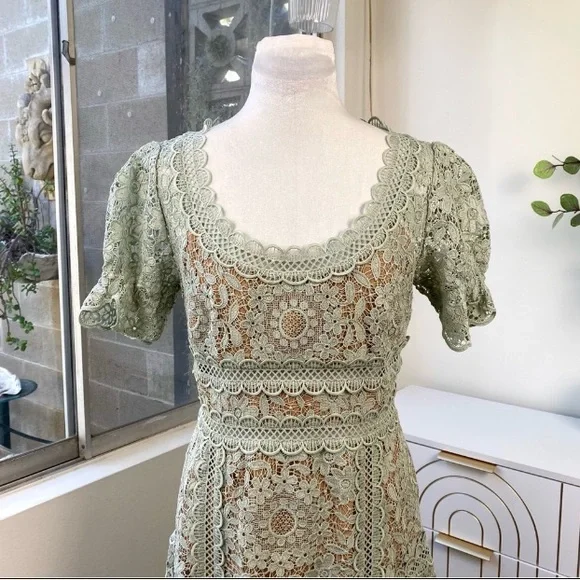 Self-Portrait Guipure Lace Midi Dress in Pistachio Green, Size 6 NWOT - Picture 6 of 16